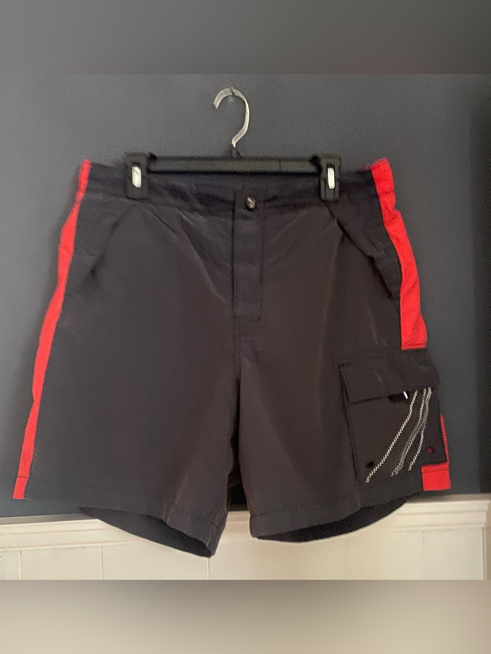 Vintage Nautica Y2K Cargo Swim Trunks Board Shorts Mens Large Gray Red Zig Zag